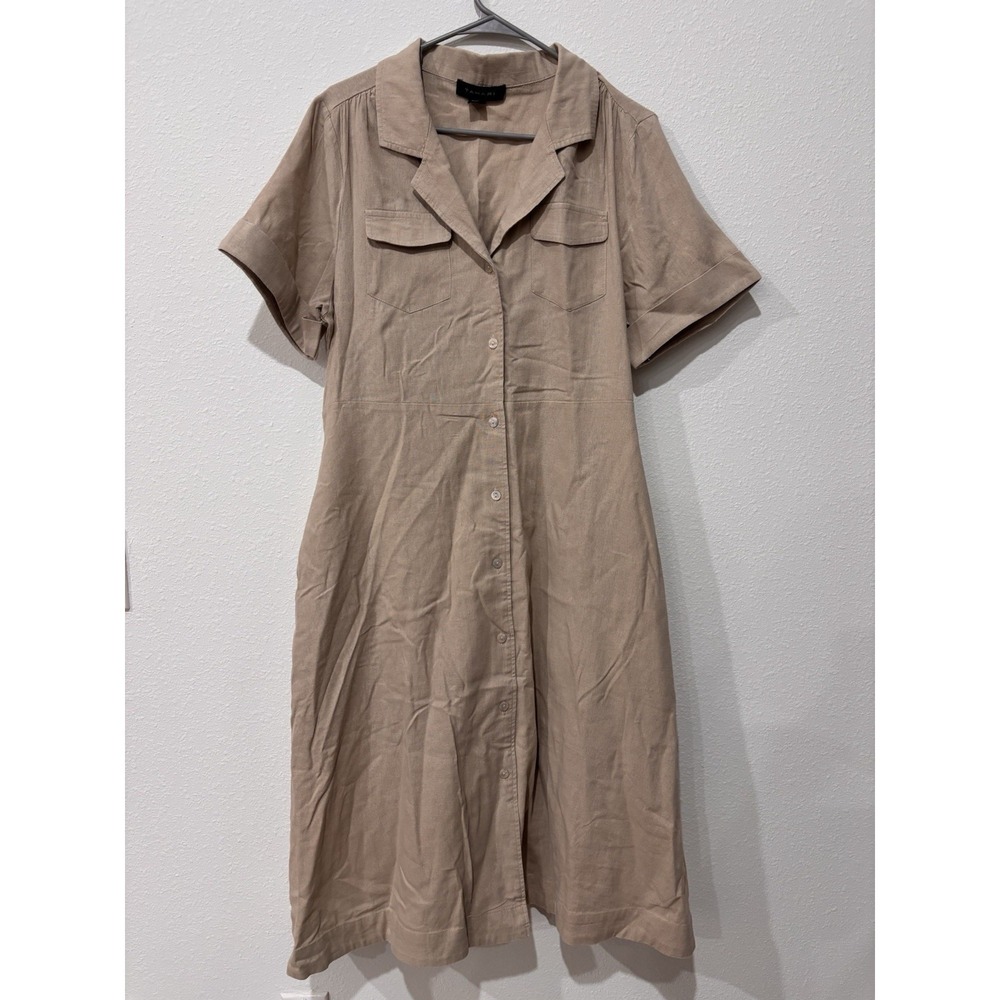 Tahari XL Linen Blend Beige Belted Utility Shirt Dress Short Sleeve Cuffed - Picture 2 of 16